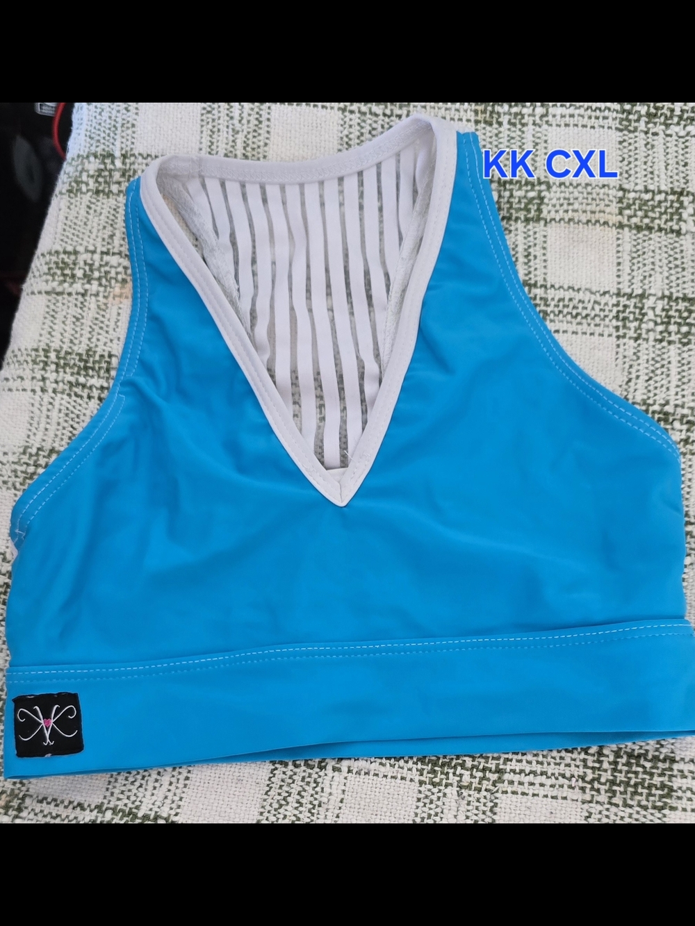 Blue Athletic Sports Bra with Striped Mesh Back